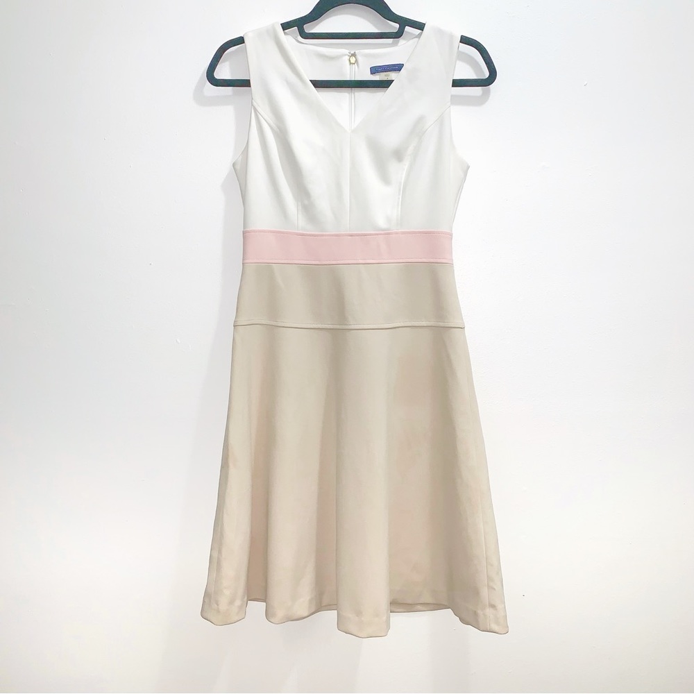 Tommy Hilfiger Women's Ivory Pink Tan Color Block Fit Flare A-Line Stretch Dress
